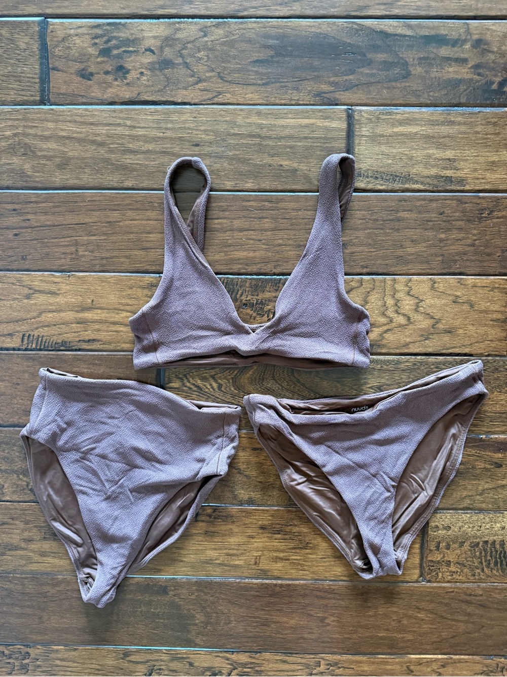 Nuuds 3 piece swim. Bikini top w/ a high waist & a low waist bikini bottom.